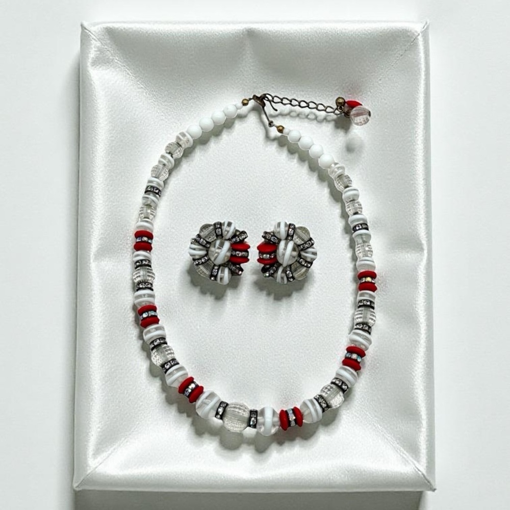Signed Hobe Faux Pearl, Art Glass, Rhinestone, Red Disc Necklace + Earrings Set